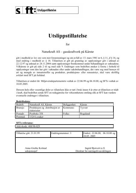 Utslippstillatelse for Naturkraft AS – gsskraftverk på Kårstø