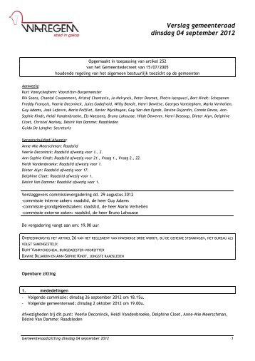 Verslag gemeenteraad dinsdag 04 september 2012 - stad Waregem