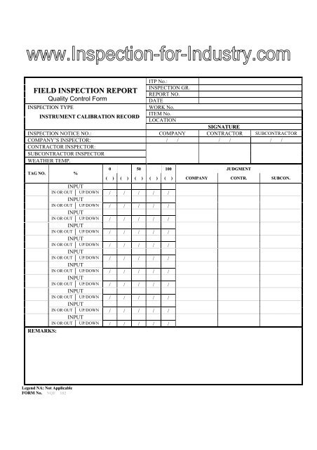 Instrument Calibration Quality Control and Inspection Report Form