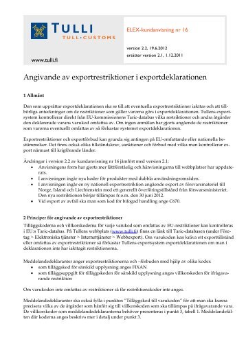 Angivande av exportrestriktioner i exportdeklarationen (pdf) - Tulli