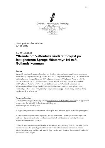 Remissvar angående vindkraftparken på Mästermyr - Gotlands ...