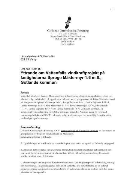 Remissvar angående vindkraftparken på Mästermyr - Gotlands ...