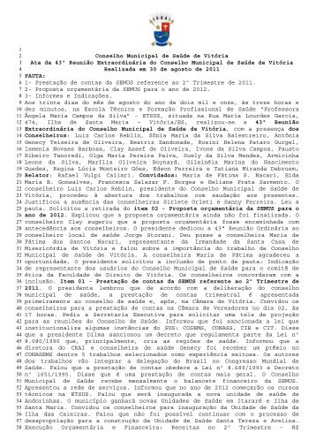 Conselho Municipal de Saúde de Vitória Ata da 43ª Reunião ...