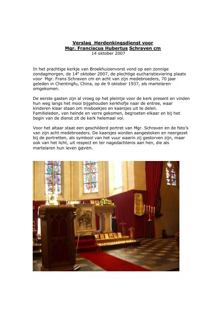 Verslag Herdenkingsdienst voor Mgr. Franciscus Hubertus Schraven