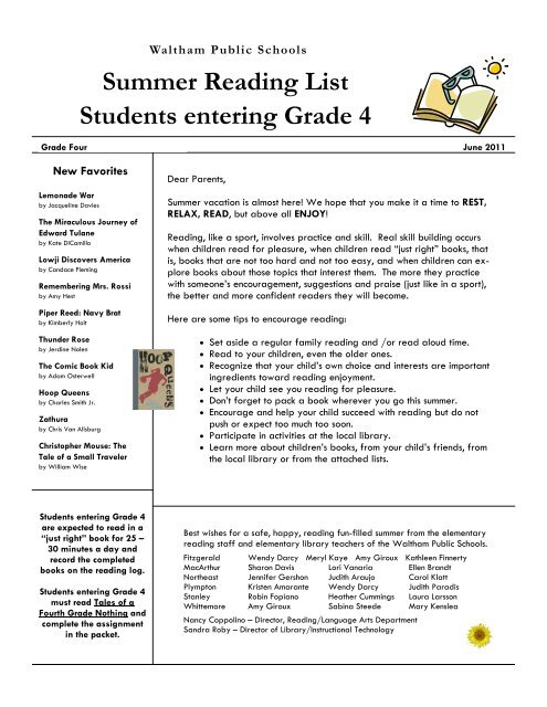 Summer Reading List Students entering Grade 4 - Waltham Public ...