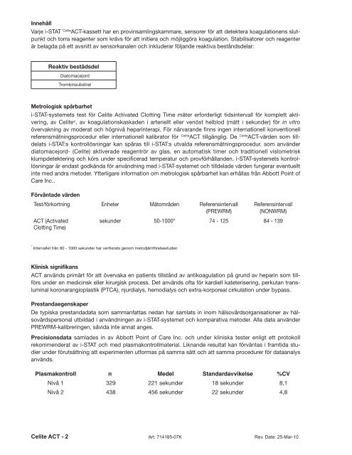 CELITE ACTIVATED CLOTTING TIME/ - Abbott Point of Care.com