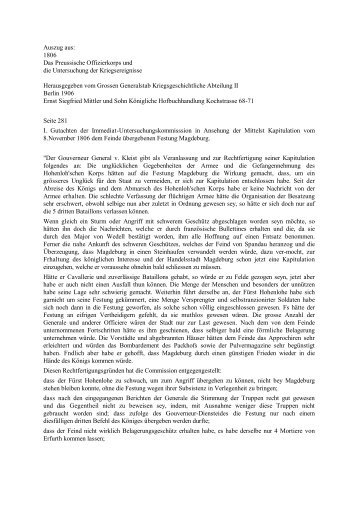 Kommissionsbericht zur Übergabe der Festung Magdeburg - v. Kleist