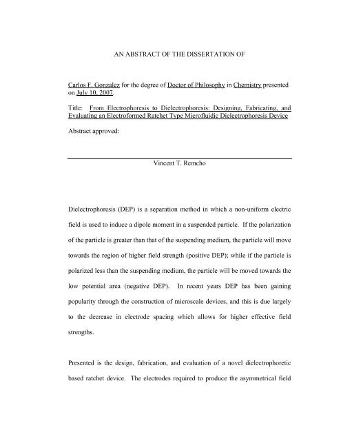 AN ABSTRACT OF THE DISSERTATION OF Carlos F. Gonzalez for ...