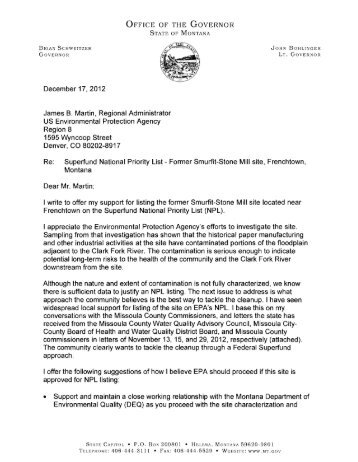 Letter from Montana Governor Schweitzer supporting NPL proposa