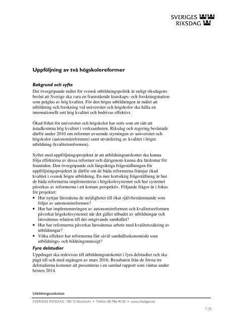 Uppföljning av två högskolereformer - Riksdagen