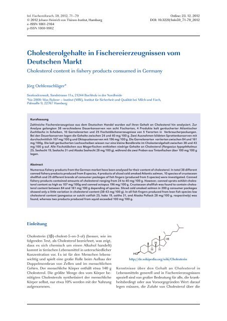 Cholesterolgehalte in Fischereierzeugnissen vom Deutschen Markt