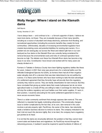 Wally Herger: Where I stand on the Klamath dams : Record ...