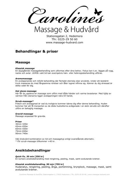 Prislista & behandlingsmenyx - Carolines Massage & Hudvård