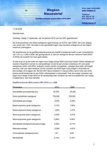 Gedifferentieerde premie WGA 2010 UWV - Wegéon