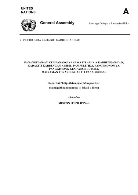 Report ni Philip Alston, Special Rapporteur mainaig iti pammapatay ...