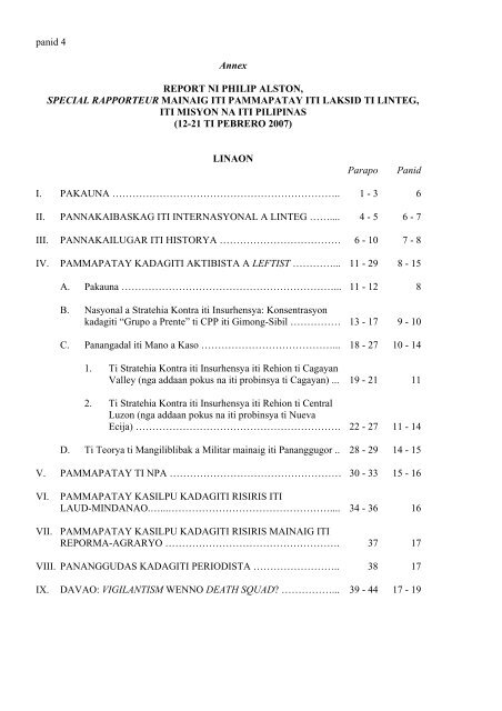 Report ni Philip Alston, Special Rapporteur mainaig iti pammapatay ...