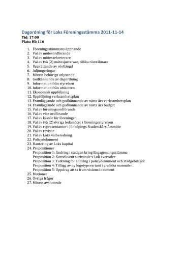 Dagordning för Loks Föreningsstämma 2011-‐11-‐14