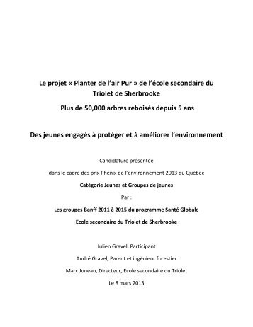 Le projet « Planter de l'air Pur » de l'école secondaire du Triolet de ...