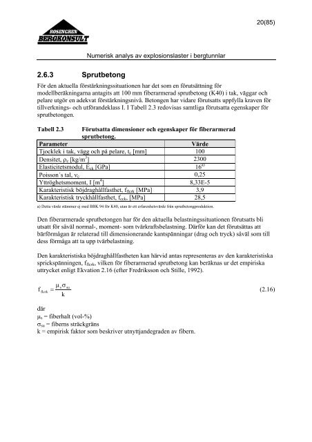 numerisk analys av explosionslaster i bergtunnlar - Rosengren ...