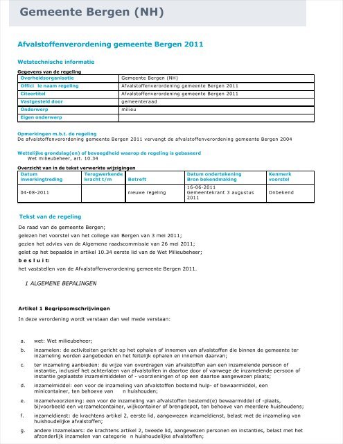 Afvalstoffenverordening 2011 - Gemeente Bergen