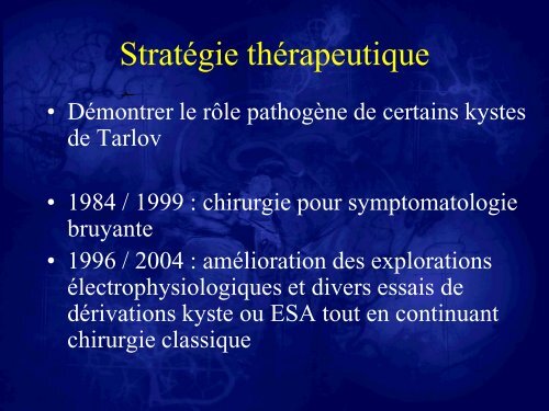 Les kystes de Tarlov. Stratégies thérapeutiques et résultats - sifud-pp