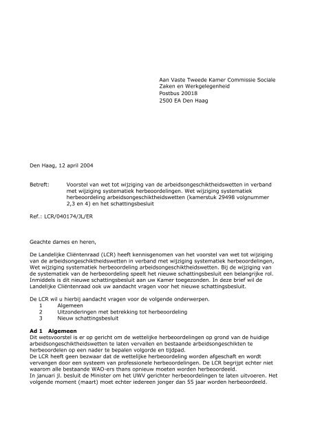 2004 LCR - brief aan TK reactie wijziging systematiek ...