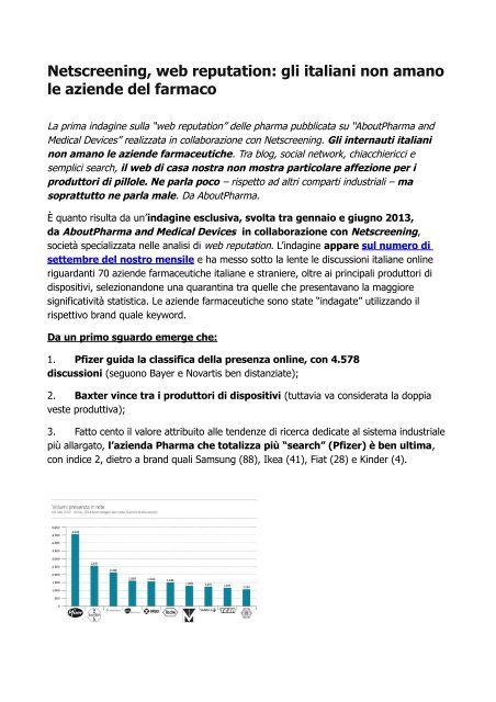 Netscreening, web reputation: gli italiani non amano le aziende del farmaco