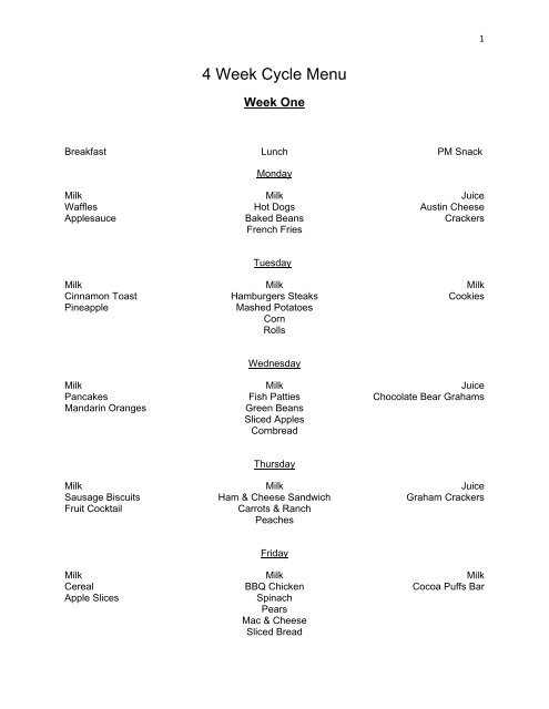 4 Week Cycle Menu - LNS Foods