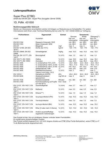 Lieferspezifikation Super Plus (ETBE) 1D, Pdnr. 431000