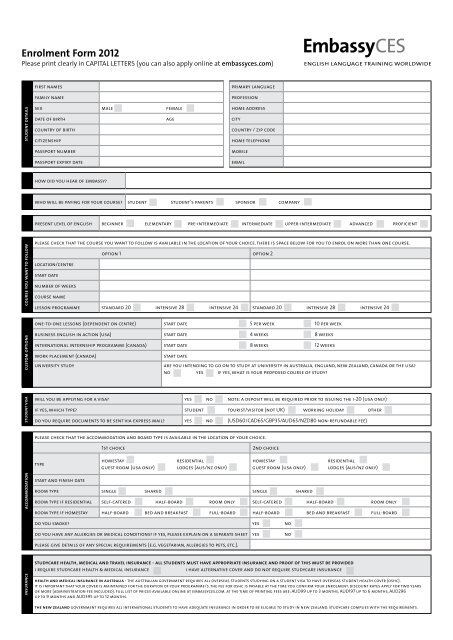Enrolment Form 2012 - Embassy CES