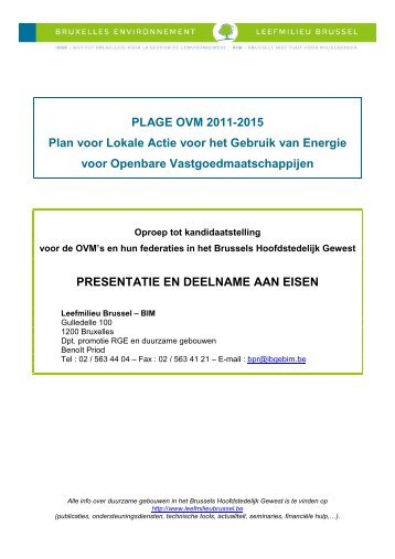 Oproep tot kandidaatstelling PLAGE OVM - Leefmilieu Brussel