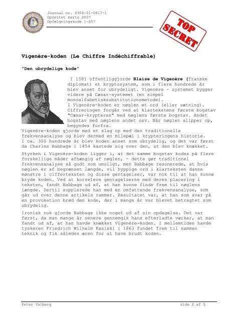 Vigenére-koden - Peter Valbergs hjemmeside