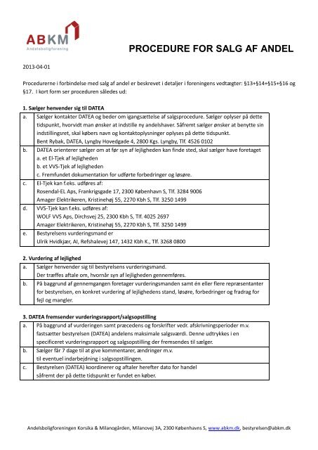 PROCEDURE FOR SALG AF ANDEL - ABKM