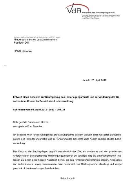 Niedersächsisches Justizministerium Postfach 201 - Verband der ...