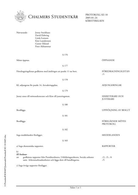 protokoll ks 10 2005-01-24 kårstyrelsen - Chalmers Studentkår