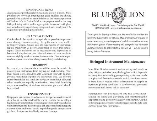 Instrument Care Brochure - Blue Lion Dulcimers and Guitars