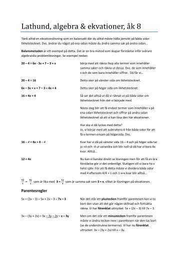 Lathund, algebra & ekvationer, åk 8 - Wikiskola