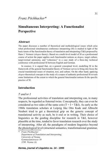 Franz Pöchhacker* Simultaneous Interpreting: A Functionalist ...