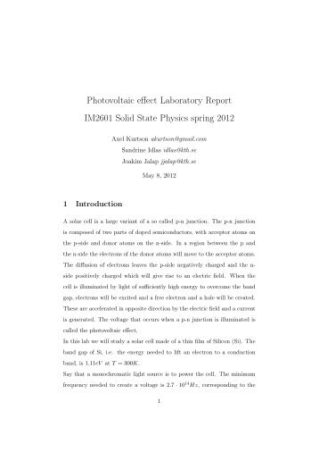 Photovoltaic effect Laboratory Report IM2601 Solid State Physics ...