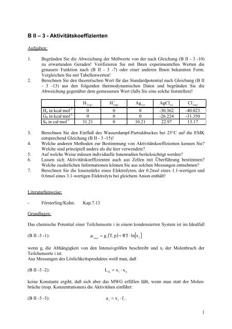 B II – 3 - Aktivitätskoeffizienten - Physikalisch-Chemische Praktika