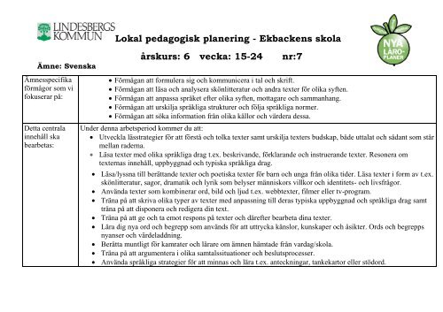 Lokal pedagogisk planering - Ekbackens skola ... - Lindesberg Arena