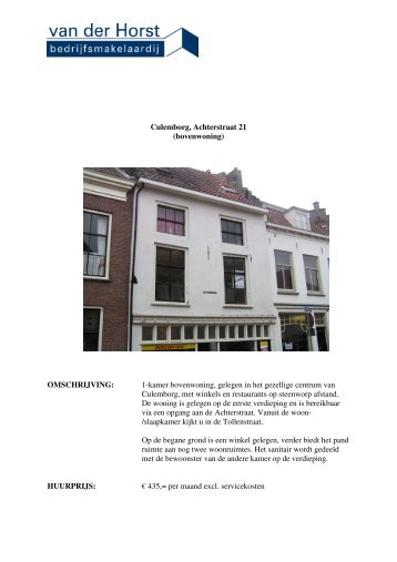 Culemborg, Achterstraat 21 (bovenwoning) OMSCHRIJVING: 1 ...