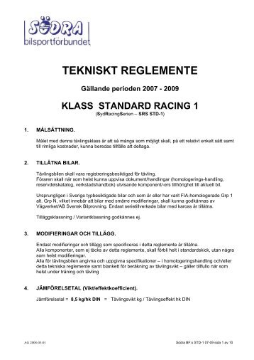 Tekniskt reglemente klass STD 1 - Södra Bilsportförbundet