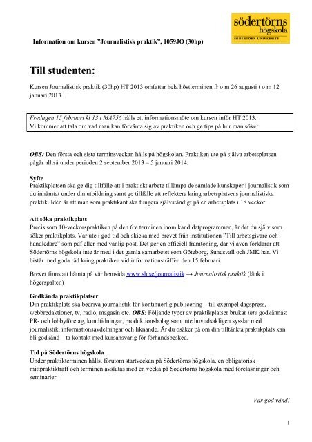 Brev till studenten - Södertörns högskola