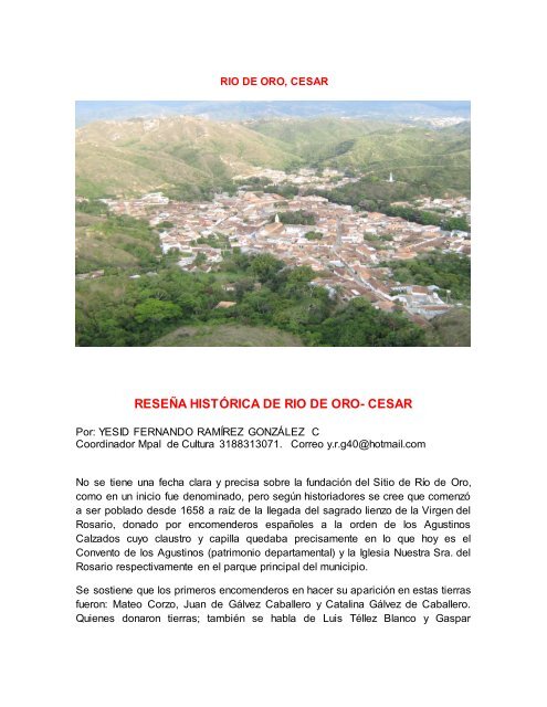 RESEÑA HISTÓRICA DE RIO DE ORO CESAR Río de Oro