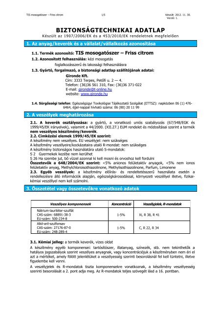 MSDS TIS mosogatószer - Friss citrom - Lorin