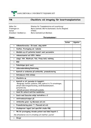 Checklista inför levertransplantation - Transplantationscentrum