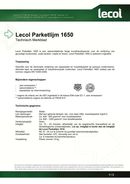 Lecol Parketlijm 1650 - Kwaliteitparket.nl