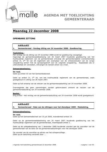 AGENDA MET TOELICHTING GEMEENTERAAD - Gemeente Malle