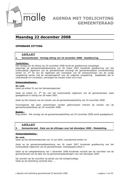 AGENDA MET TOELICHTING GEMEENTERAAD - Gemeente Malle